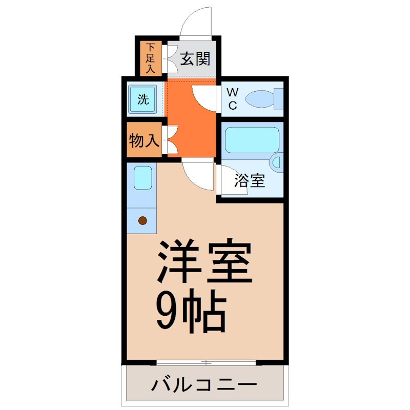メゾンシャルム 間取図　洋室9帖　バストイレ別　室内洗濯機置き場　バルコニー