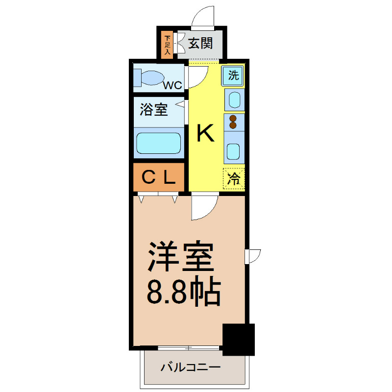 パルティール覚王山 間取図　洋室8.8帖　バストイレ別　独立洗面台　バルコニー