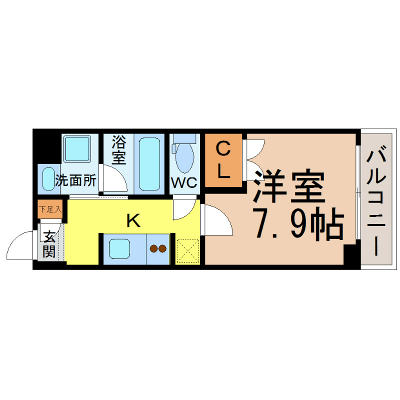 シティライフ今池南 間取図　洋室7.9帖　脱衣洗面所　南面バルコニー