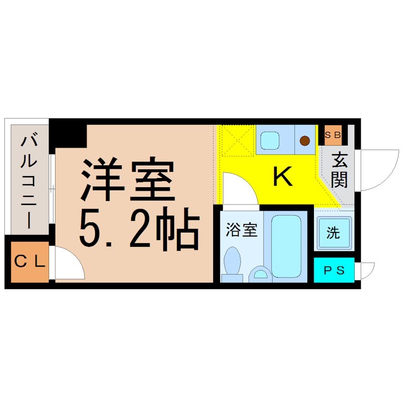 露橋ロイヤルハイツII 間取図　洋室5.2帖　バス・トイレ有　バルコニー