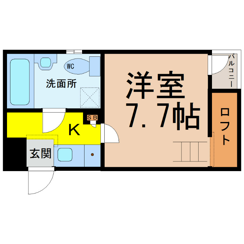 インフィニティ今池 間取図　洋室7.7帖　脱衣洗面所　ロフト付　バルコニー