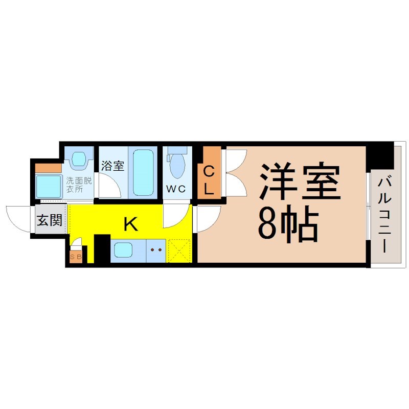 シティライフ池下駅前 間取図　洋室8帖　脱衣洗面所　南面バルコニー