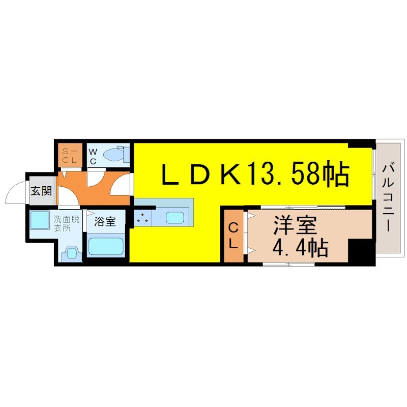 Ｐｒｉｍａｌ千種ｓｔｅｌｏ 間取図　ＬＤＫ13.58帖　洋室4.4帖　脱衣洗面所