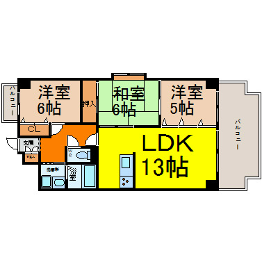 アミティ中村 間取図　3ＬＤＫ　カウンターキッチン　南面バルコニー