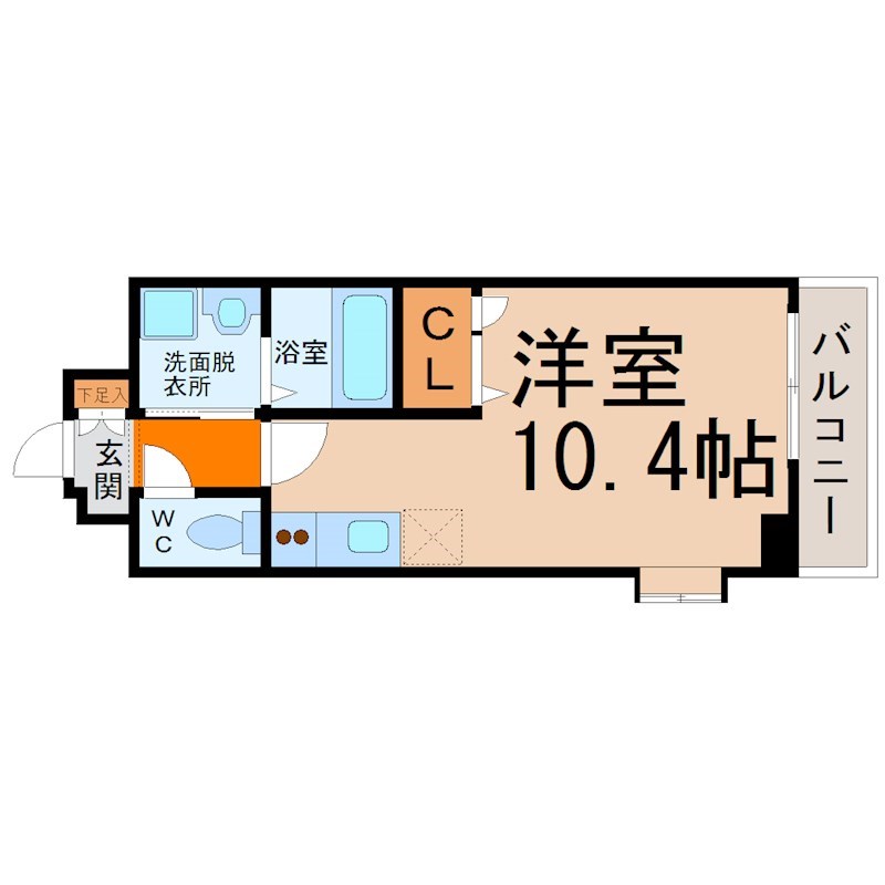エルスタンザ東別院 間取図　洋室10.4帖　脱衣洗面所　クローゼット付