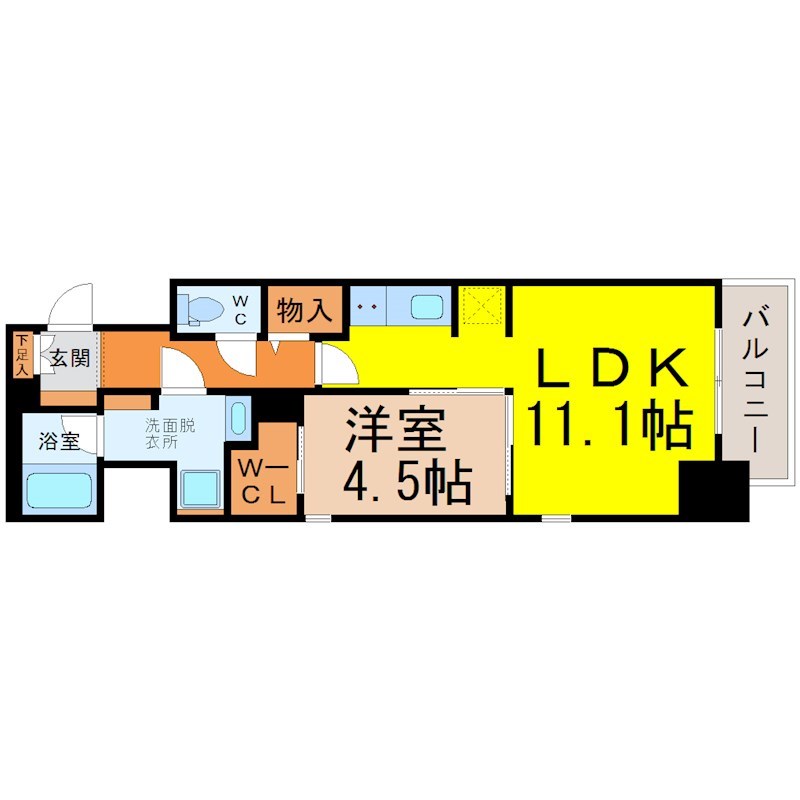 パークアクシス名古屋山王 間取り　ＬＤＫ11.1帖　洋室4.5帖　脱衣洗面所