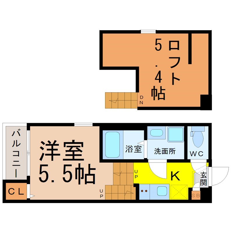 ハーモニーテラス黒門町 間取図　洋室5.5帖　ロフト5.4帖　脱衣洗面所
