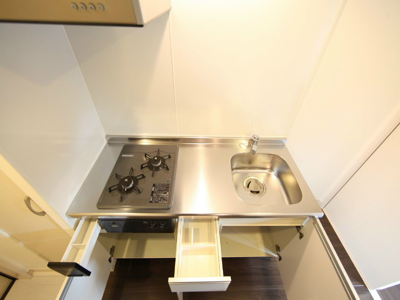 Ｋ’ｓハイツ システムキッチン（ガス2口）冷蔵庫・レンジ等ご用意できます