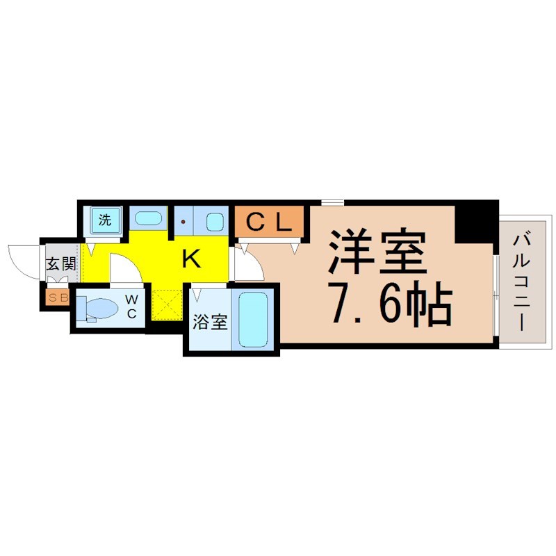 アスナ 間取図　洋室7.6帖　脱衣洗面所　南面バルコニー