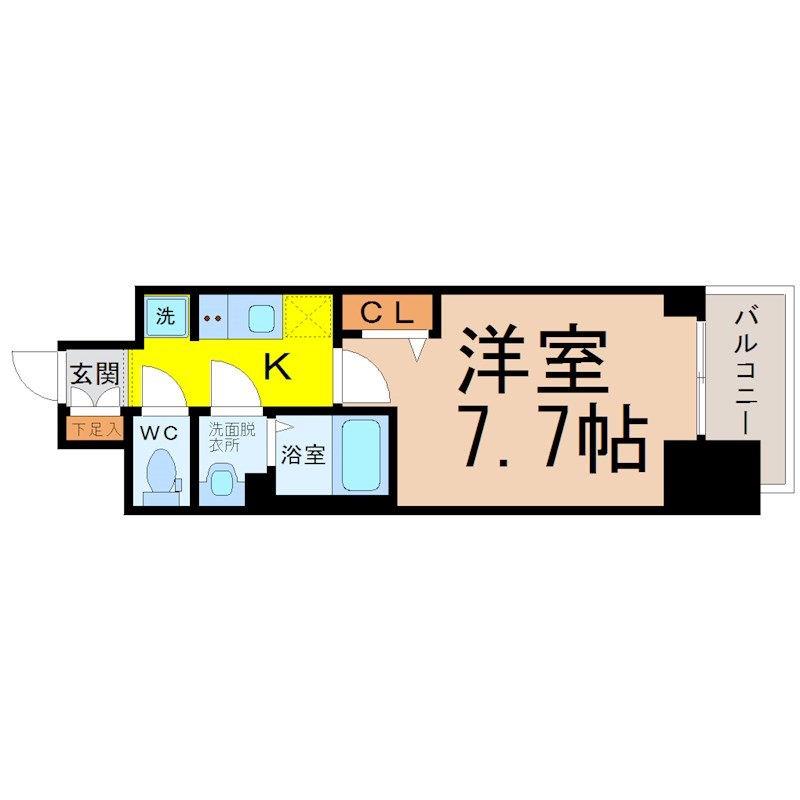 プレサンス東別院駅前II 間取図　洋室7.7帖　脱衣洗面所　バルコニー