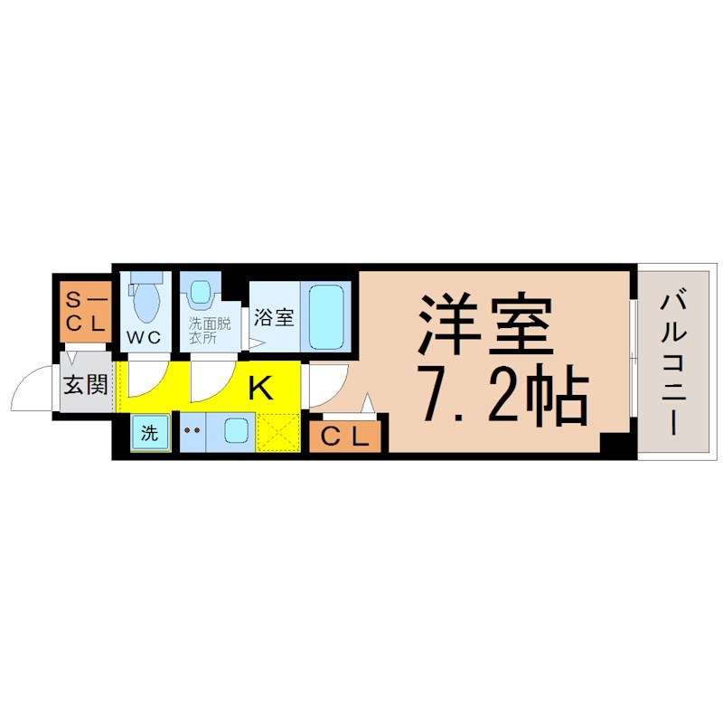 プレサンス東別院駅前II 間取図　洋室7.2帖　脱衣洗面所　バルコニー