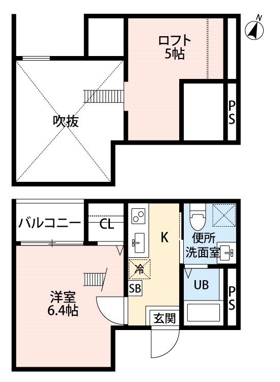 メゾン・ド・カナール 間取図　洋室6.4帖　ロフト5帖　脱衣洗面所　バルコニー