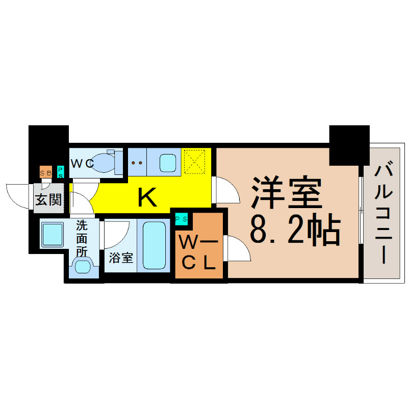レガリア 間取図　洋室8.2帖　脱衣洗面所　南面バルコニー