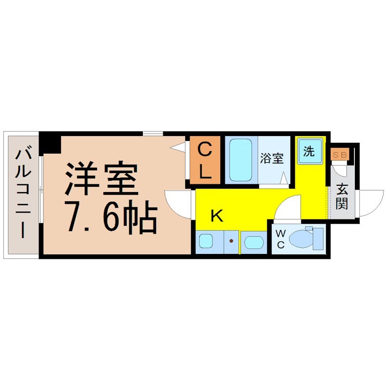 クレストステージ内山 間取図　洋室7.6帖　バストイレ別　独立洗面台　バルコニー