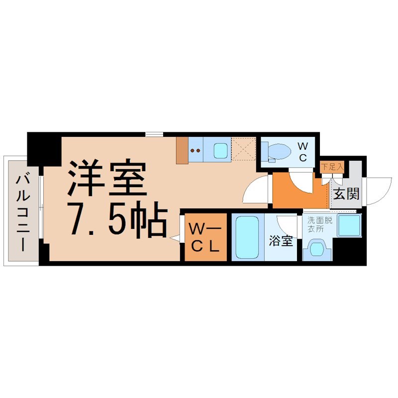 Ｚ・Ｒ東別院 間取図　洋室7.5帖　脱衣洗面所　ウォークインクローゼット
