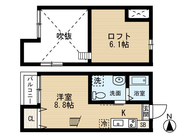 ＫＡＨＡＬＥ志賀（カハレ志賀） 間取図　洋室8.8帖　ロフト6.1帖　脱衣洗面所　バルコニー