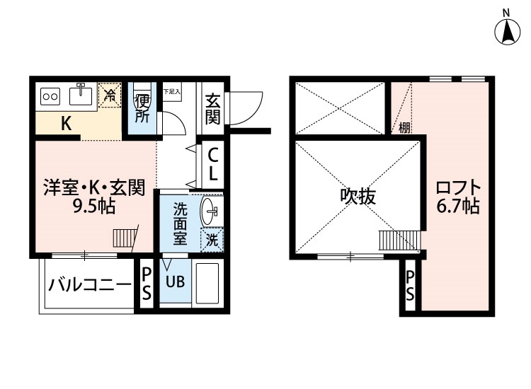 Ａｒｃａｄｉａ（アルカディア） 間取図　洋室9.5帖　ロフト6.7帖　脱衣洗面所