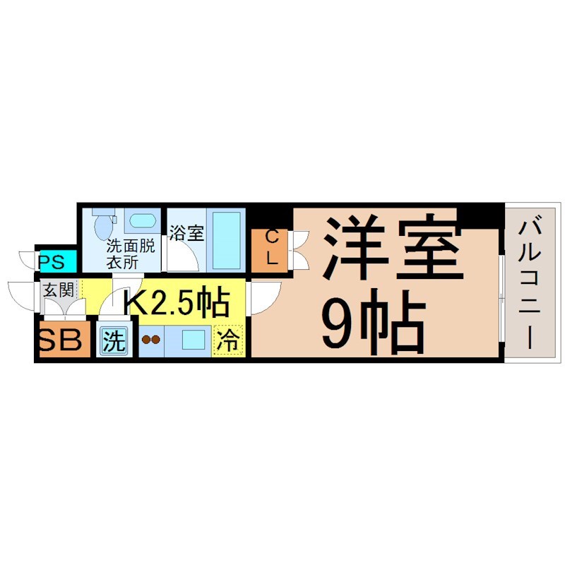 スクエア名駅南 間取図　洋室9帖　脱衣洗面所　南面バルコニー