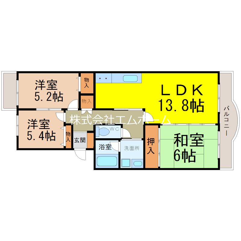 サンホワイト植田 間取図　南向きバルコニー