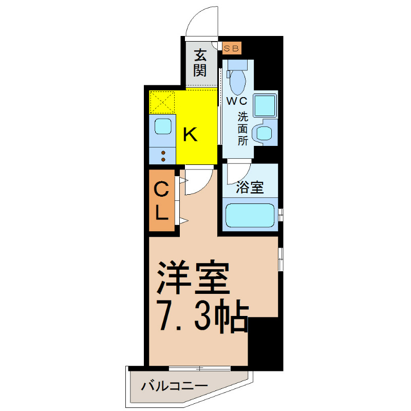 カレント今池 間取図　洋室7.3帖　脱衣所　独膣洗面台　バルコニー