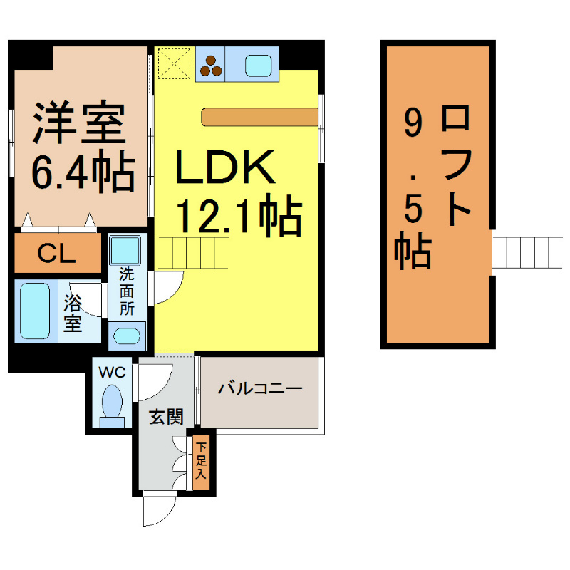 Ｍａｎｏｉｒ　ｎａｋａｔａ（マノワール仲田） 間取図　ＬＤＫ12.1帖　洋室6.4帖　南面バルコニー