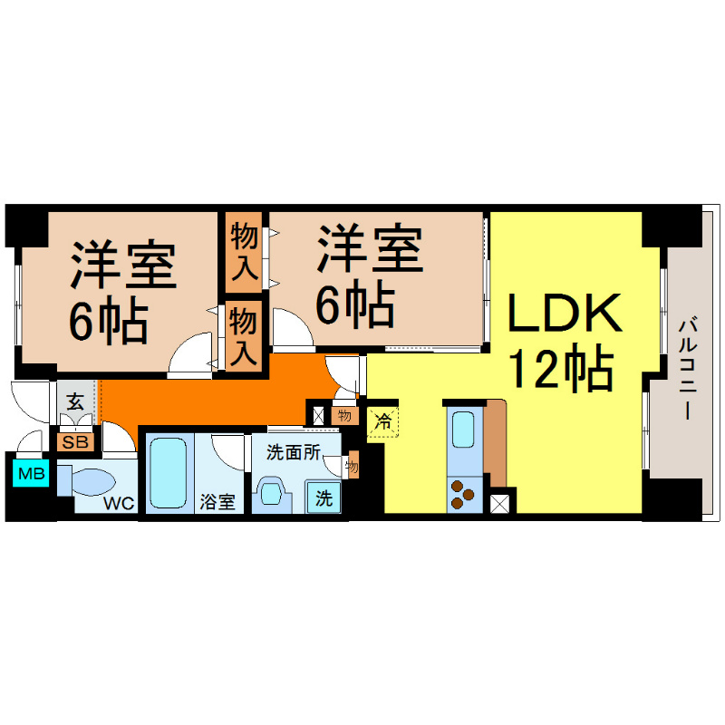 ヴィラエーデル大須 間取図　ＬＤＫ12帖　洋室6帖　洋室6帖　南面バルコニー