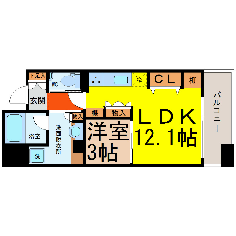 ＡＲＥＸ丸の内 間取図　ＬＤＫ12.1帖　洋室3帖　南面バルコニー