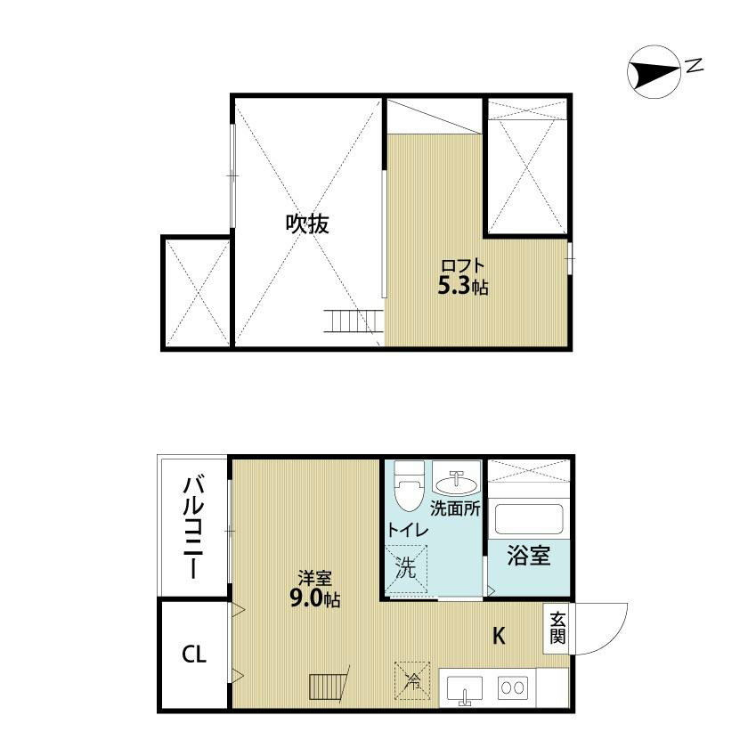 ＬａＣａｓａｄｅＳａｒａｈ日比野 間取り　洋室9帖　ロフト5.3帖　脱衣洗面所　バルコニー