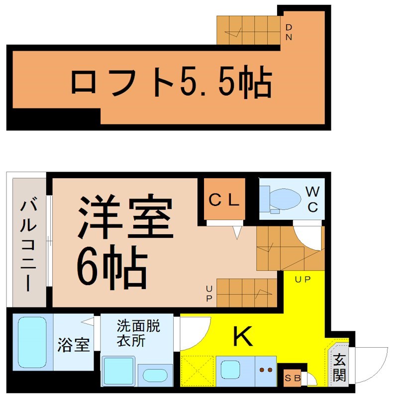 ハーモニーテラス畑江通 間取図　洋室6帖　ロフト5.5帖　脱衣洗面所　バルコニー