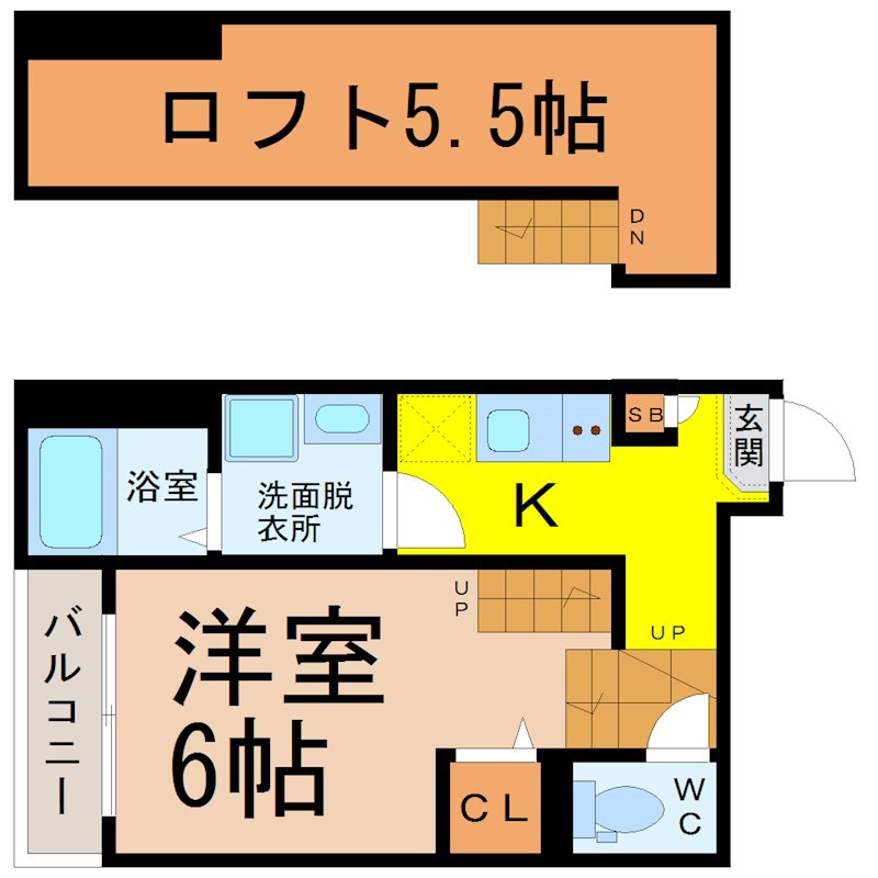 ハーモニーテラス畑江通 間取図　洋室6帖　ロフト5.5帖　脱衣洗面所　バルコニー
