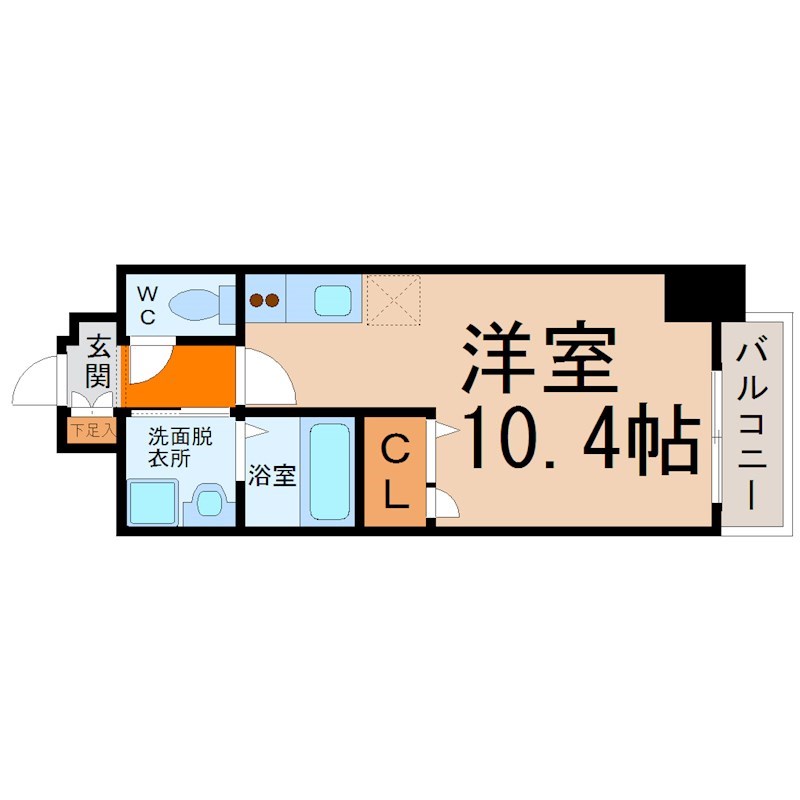 エルスタンザ東別院 間取図　洋室10.4帖　脱衣洗面所　クローゼット付