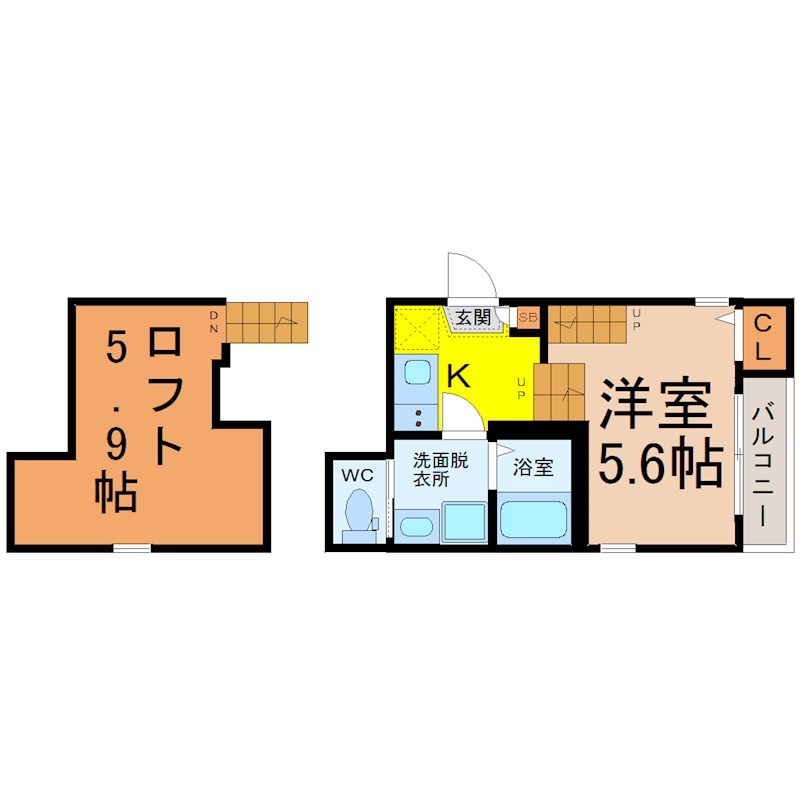 ハーモニーテラス車道 間取図　洋室5.6帖　ロフト5.9帖　脱衣洗面所