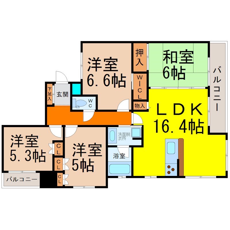パークアクシス金山ＷＥＳＴ 間取図　ＬＤＫ16.4帖　収納充実　南面バルコニー