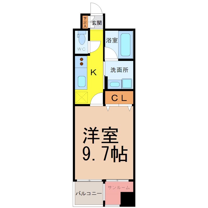 あいさきがけ 間取図　洋室9.7帖　脱衣洗面所　南向きバルコニー