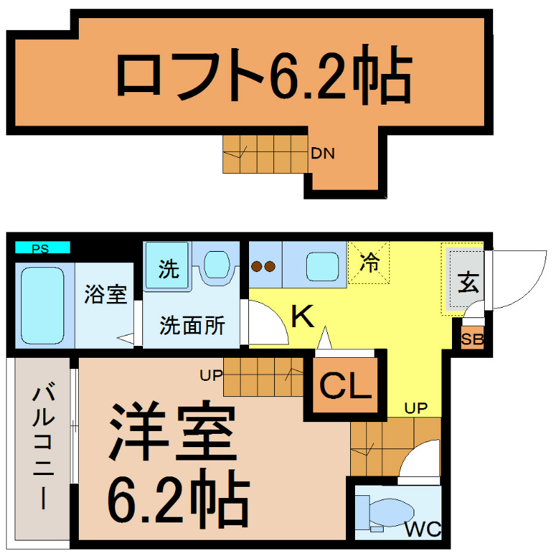 Ｖｉｌｌｅｔｔａ辻町 間取図　洋室6.2帖　ロフト6.2帖　脱衣洗面所