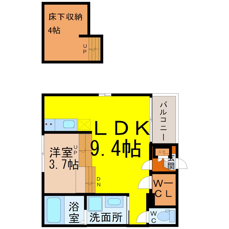 ハーモニーテラスT.H 間取図　ＬＤＫ9.4帖　洋室3.7帖　ロフト4帖