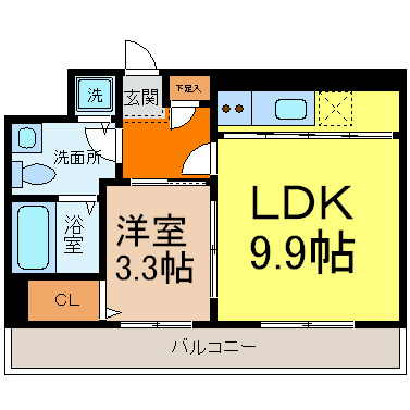 ティーブロッサム 間取図　ＬＤＫ9.9帖　洋室3.3帖　南向き　家具家電ご用意できます