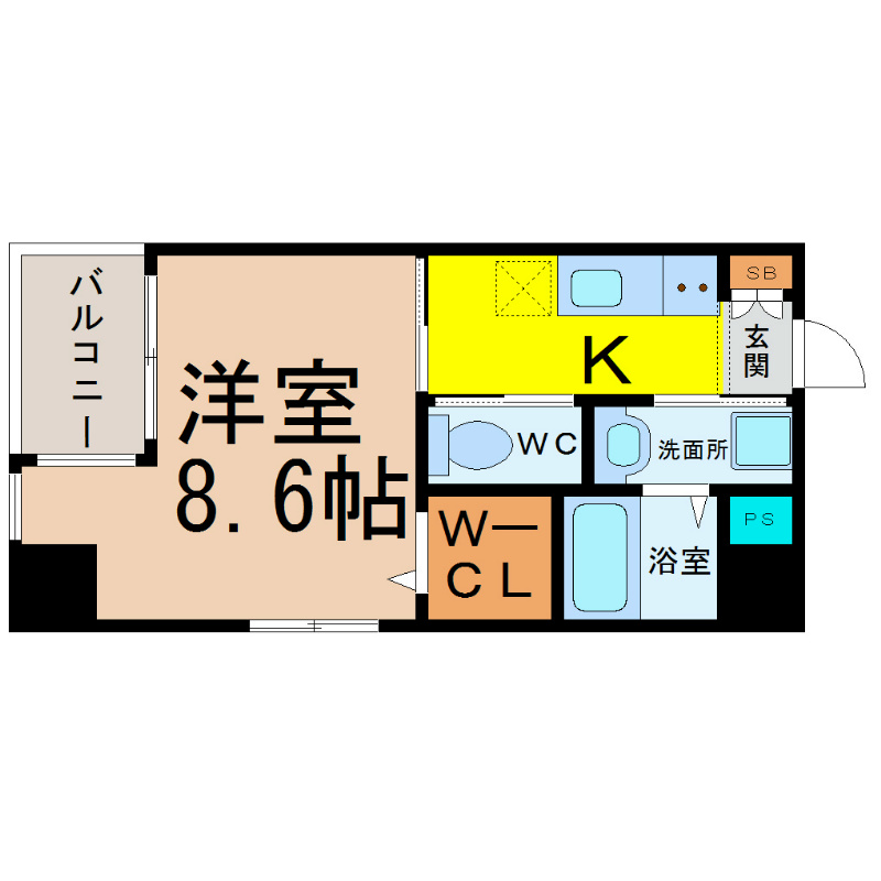 ｍａｉｓｏｎ　ｓｐａｄｅ（メゾンスペード） 間取図　洋室8.6帖　脱衣洗面所　ウォークインクローゼット