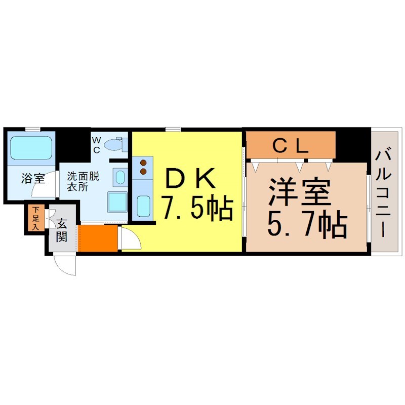 ルクレ大曽根 間取図　ＤＫ7.5帖　洋室5.7帖　脱衣洗面所　バルコニー