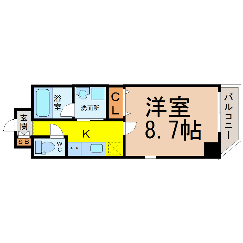 ルクレ大曽根 間取図　洋室8.7帖　脱衣洗面所　南面バルコニー