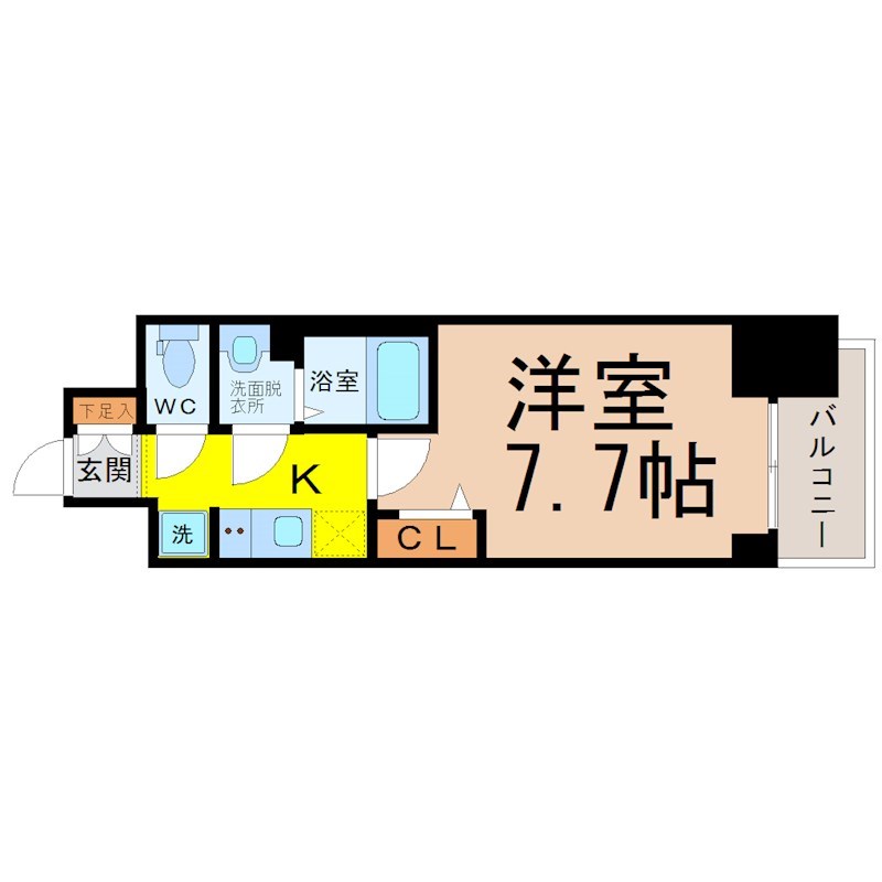 プレサンス東別院駅前II 間取図　洋室7.7帖　脱衣洗面所　バルコニー