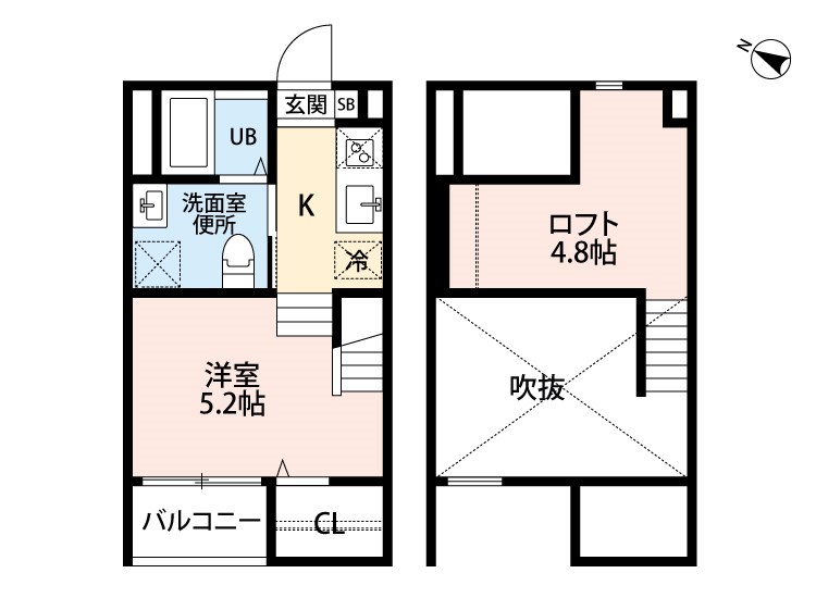ケント 間取り　洋室5.2帖　ロフト4.8帖　脱衣洗面所　バルコニー