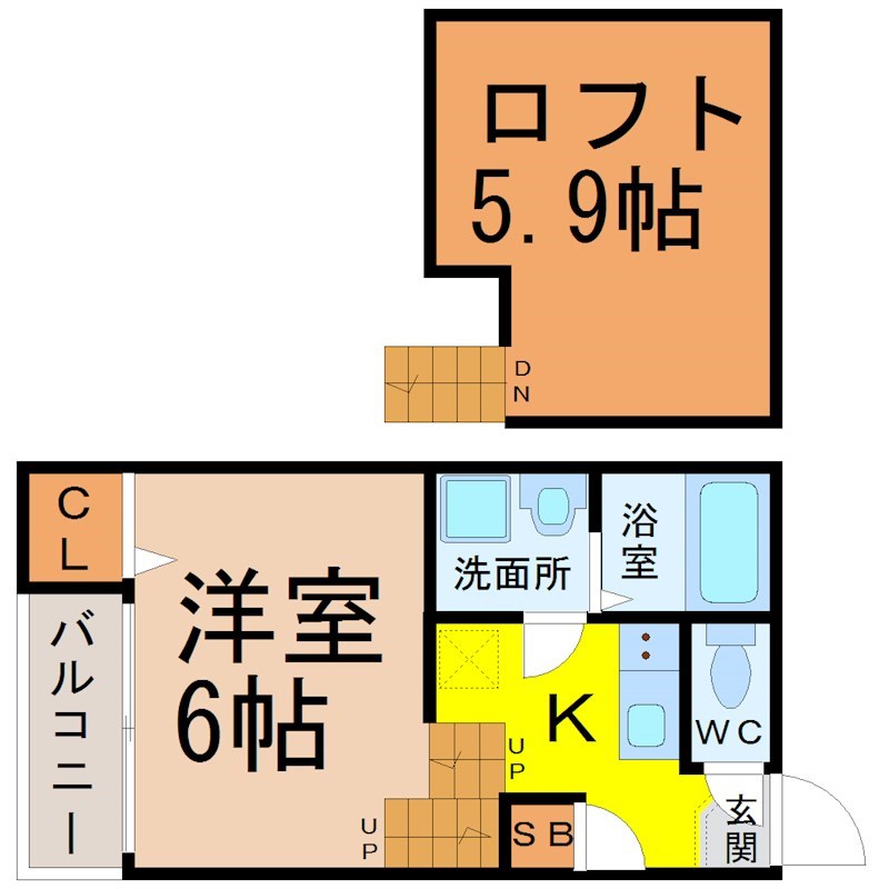 ｃｏｌｏｒｓ（カラーズ） 間取図　洋室6帖　ロフト5.9帖　脱衣洗面所　バルコニー