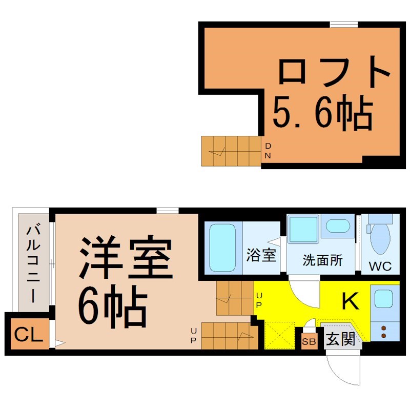 ハーモニーテラス田幡 間取図　洋室6帖　ロフト5.6帖　脱衣洗面所　バルコニー