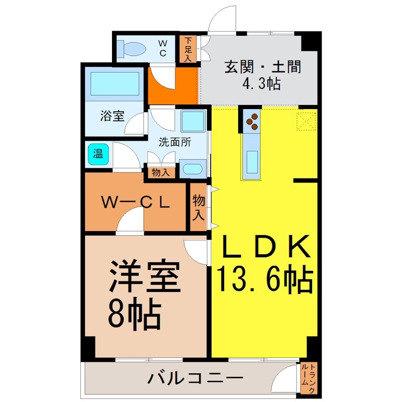 ＴＲＩ－ＳＴＡＧＥ（トライステージ） 間取図　ＬＤＫ13.6帖　洋室8帖　２ＷＡＹバルコニー