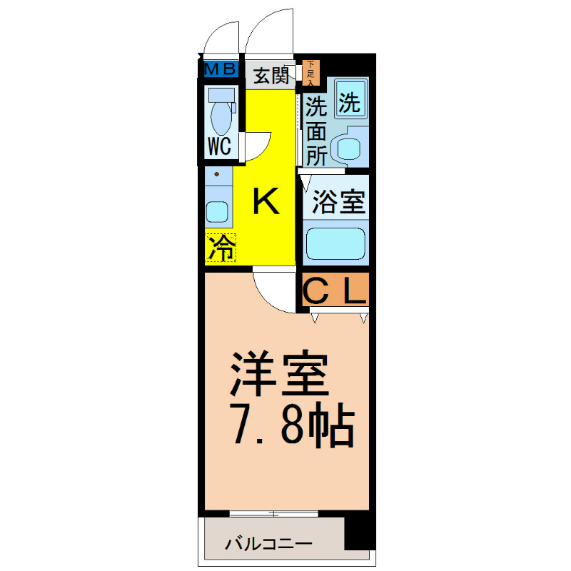 すまいる川名 間取図　洋室7.8帖　脱衣洗面所　クローゼット付　バルコニー