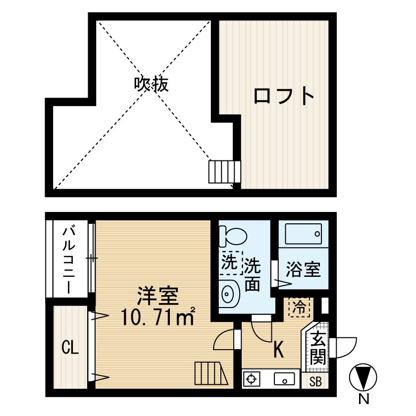 アーバンプレイス 間取図　洋室6.4帖　ロフト7.3帖　脱衣洗面所　バルコニー