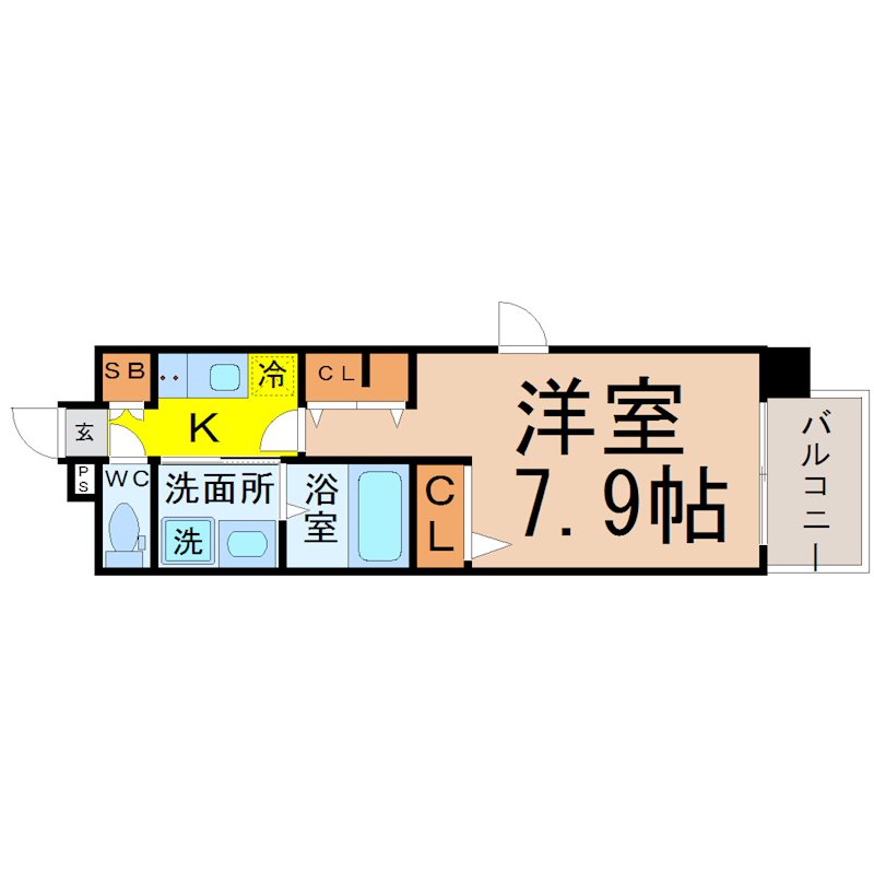 パルティール中村公園 間取図　洋室7.9帖　脱衣洗面所　クローゼット付　南面バルコニー