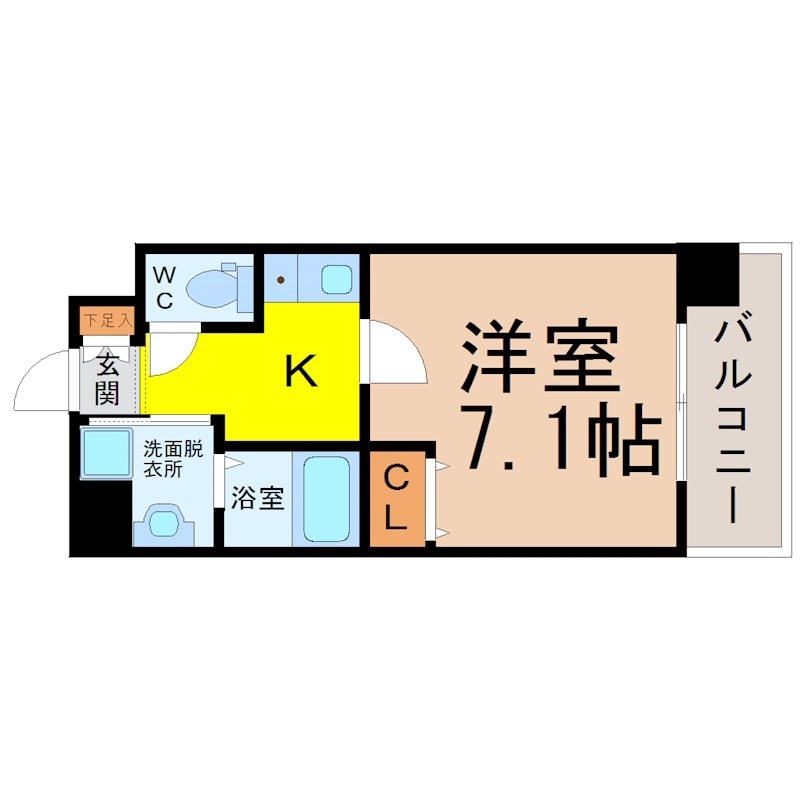 アルバ大須 間取図　洋室7.1帖　脱衣洗面所　クローゼット付　バルコニー
