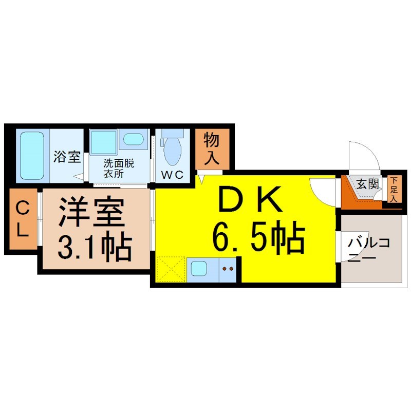 フェリシア荒子 間取図　ＤＫ6.5帖　洋室3.1帖　脱衣洗面所　バルコニー
